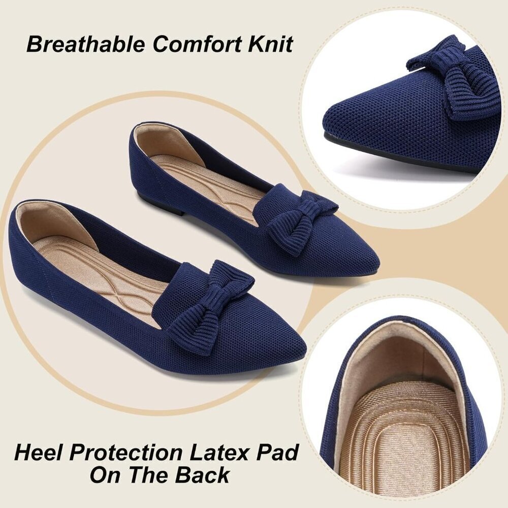 Women Navy Pointed Toe Dressy Comfortable Knit Breathable Mesh Ballet Flats - Picture 2 of 7